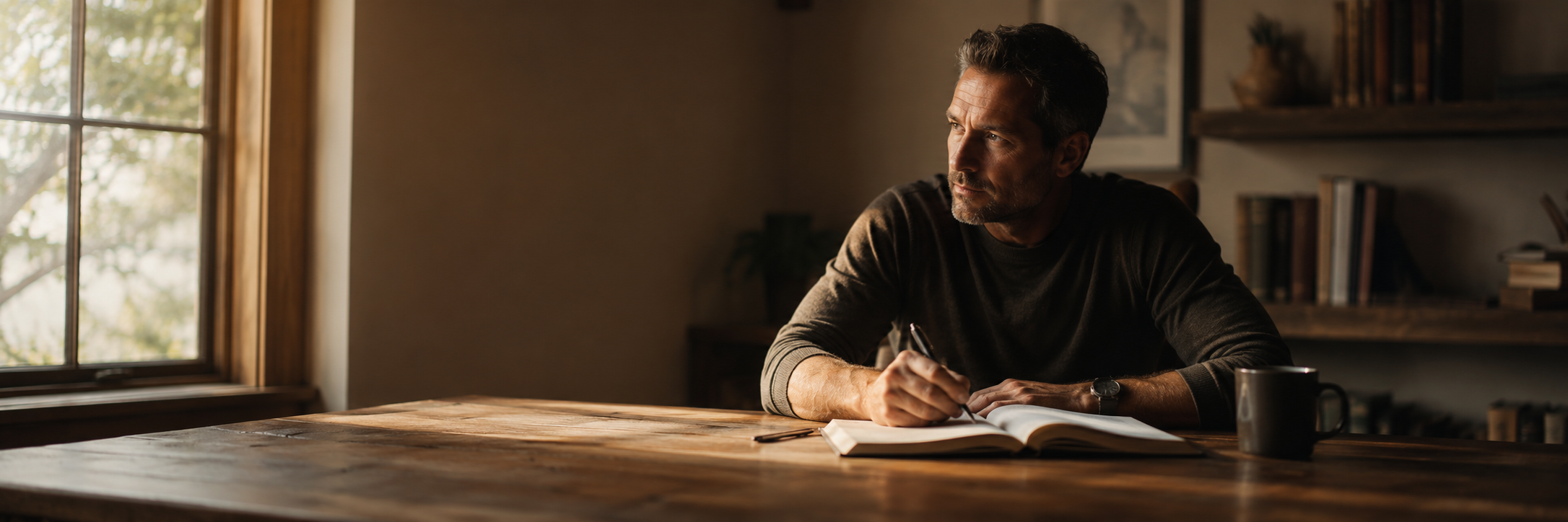 A man reflecting alone at a table with an open workbook