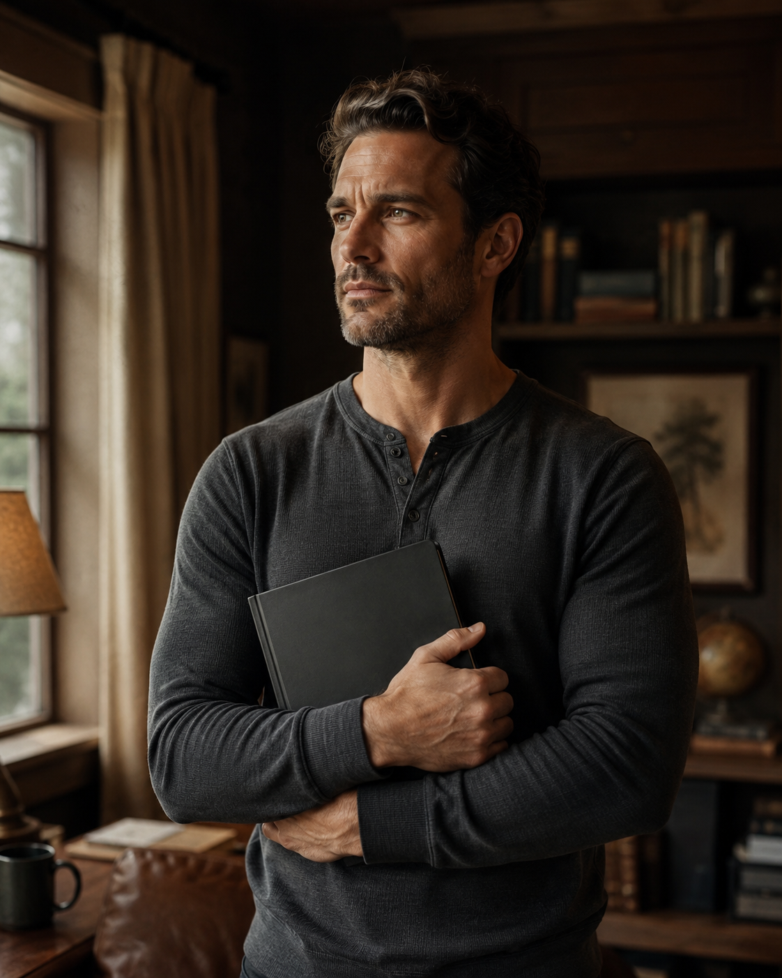 A man holding a closed workbook, resolved and ready to begin